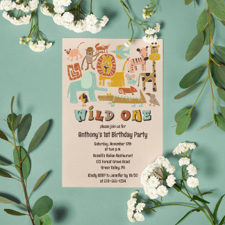 Retro Jungle Animals Wild 1 erster Geburtstag Einladung