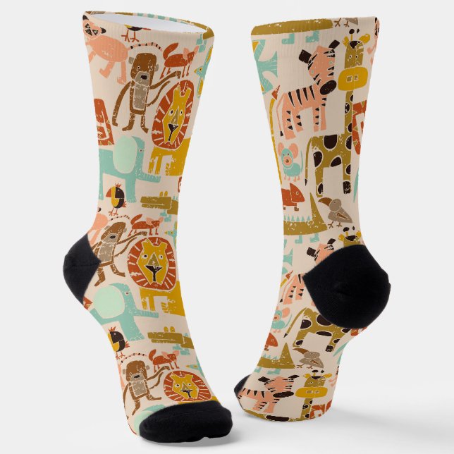 Retro Jungle Tiere Niedlich Gemustert Socken (Gewinkelt)