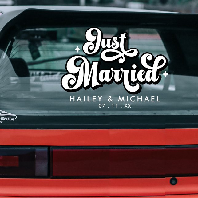 Retro Just Married Wedding Fensteraufkleber (Retro Just Married Wedding Window Cling)