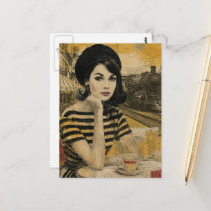 Retro-Kaffee am Bahnhof Frau-Kollage Postkarte