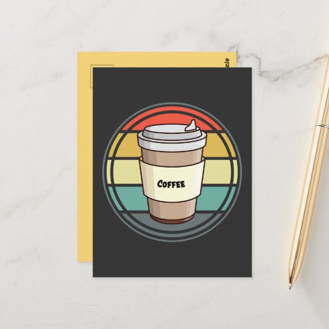 Retro Kaffee heißes Getränk zum Mitnehmen Postkarte (Vorderseite/Rückseite Beispiel)