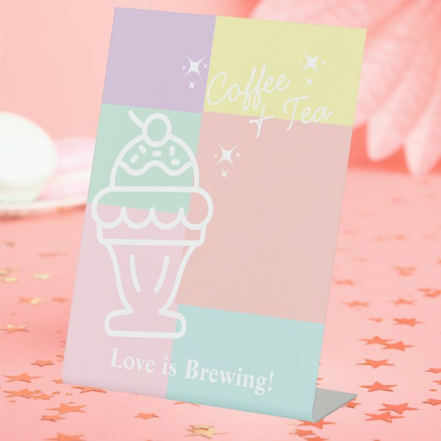 Retro-Kaffee und Tee-Liebe Braut Eiscreme Sockelschild (Retro Coffee and Tea Love is Brewing Ice Cream Pedestal Sign)