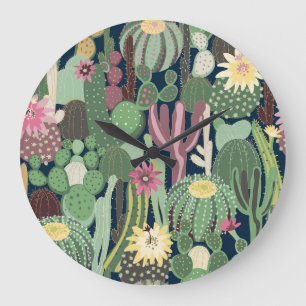 Retro-Kaktus-Design: Nahtlose Stofftextur Große Wanduhr