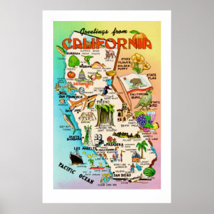 Retro-Kalifornien-Karte 24x36 Druck Poster