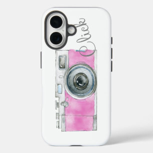 Retro-Kamera-Fotograf-Logo in rosa Wasserfarbe iPhone 16 Hülle