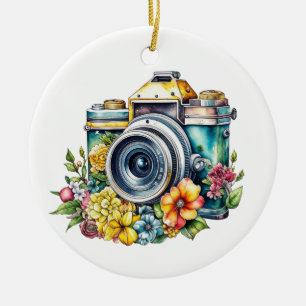 Retro-Kamera in Vintage-Blumen Weihnachten Keramik Ornament