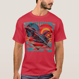 Retro-Kampfjet-Flugzeug Amerikanische Flagge Herz T-Shirt