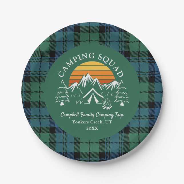 Retro Kariert Tartan Family Camping Squad Campbell Pappteller (Vorderseite)