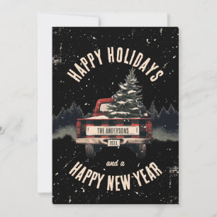 Retro Karierter Weihnachtswagen Kundenname Feiertagskarte