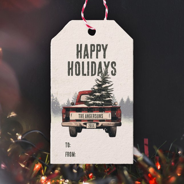 Retro Karierter Weihnachtswagen Kundenname Geschenkanhänger (Von Creator hochgeladen)