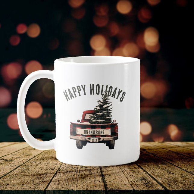 Retro Karierter Weihnachtswagen Kundenname Kaffeetasse (Von Creator hochgeladen)