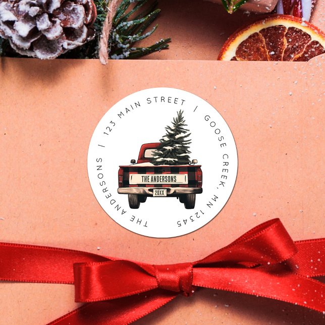 Retro Karierter Weihnachtswagen Kundenname Runder Aufkleber (Von Creator hochgeladen)