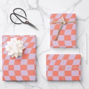 Retro-Karo-Muster Lilac und Orange-Karton Geschenkpapier Set