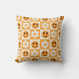 Retro-Karo Orange Happy Face und Gänseblümchen-Blu Kissen