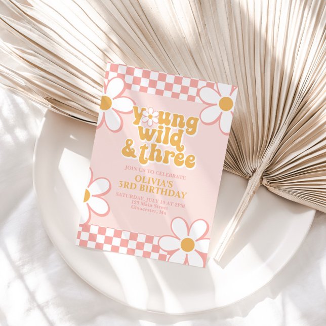Retro Karo Young Wild Three Pink Daisy Einladung (Von Creator hochgeladen)