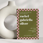 Retro-Karton mit Blumenmuster rosa grüner Bat Mitz Einladung<br><div class="desc">Retro Floral Checkerboard Rosa und grüne Bat Mitzvah Einladung</div>
