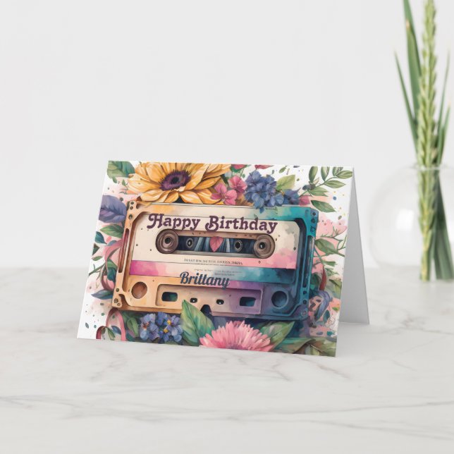 Retro-Kassette | Floral Happy Birthday Card Karte (Vorderseite)