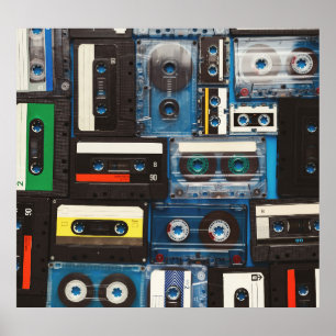 Retro-Kassetten: Blue Background Vintag. Poster
