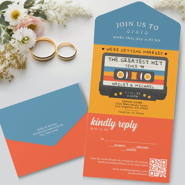 Retro-Kassettenband Beste Hit-Hochzeit All In One Einladung (Blue and Orange Retro Cassette Tape Greatest Hit Wedding All In One Invitation)