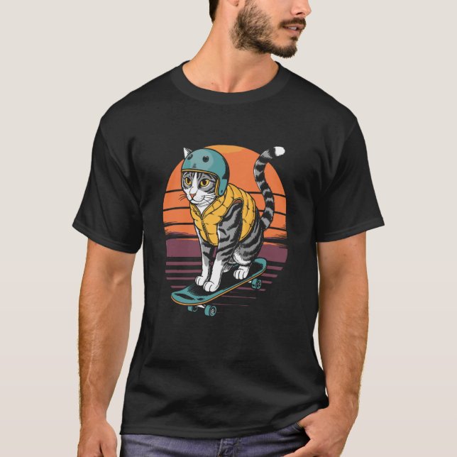 Retro-Katze auf Skateboard T-Shirt (Vorderseite)