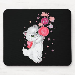 Retro-Katze Kätzchen spielt mit rosa Weihnachtsorn Mousepad