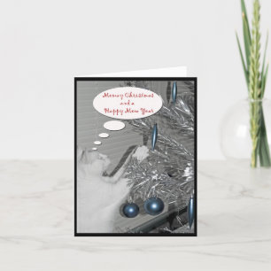 Retro-Katze mit Aluminium-Weihnachtsbaum Feiertagskarte