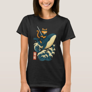 Retro-Katze-Ninja-Reittier-Wal Japanischer Ukiyo-e T-Shirt