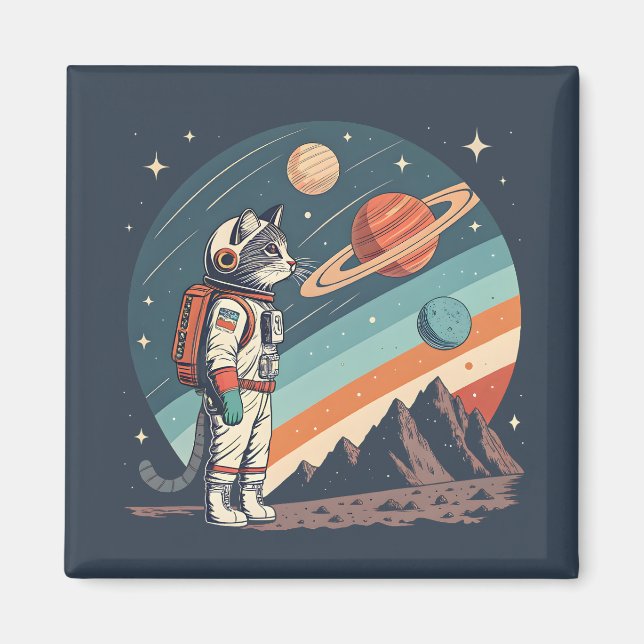 Retro-Katzen-Astronaut Kosmische Raumillustration Magnet (Vorne)