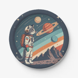 Retro-Katzen-Astronaut Kosmische Raumillustration Pappteller