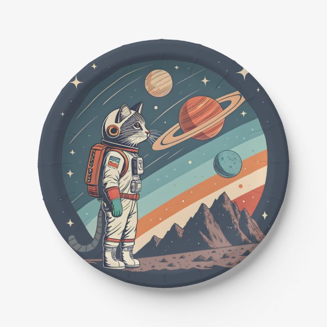 Retro-Katzen-Astronaut Kosmische Raumillustration Pappteller (Vorderseite)