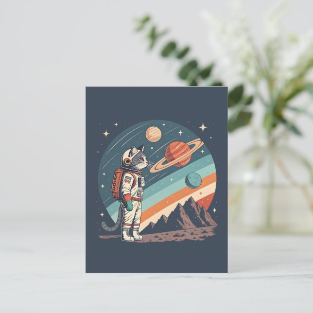 Retro-Katzen-Astronaut Kosmische Raumillustration Postkarte (Stehend Vorderseite)
