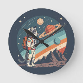 Retro-Katzen-Astronaut Kosmische Raumillustration Runde Wanduhr