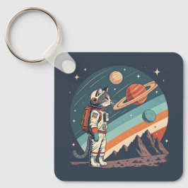 Retro-Katzen-Astronaut Kosmische Raumillustration Schlüsselanhänger