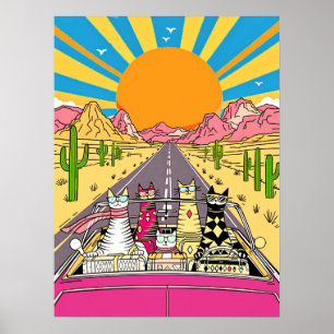 Retro-Katzen auf Urlaub machen eine Spritztour Poster