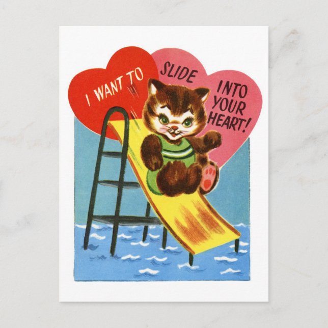Retro Katzenrutsche ins Herz Valentine Postkarte (Vorderseite)