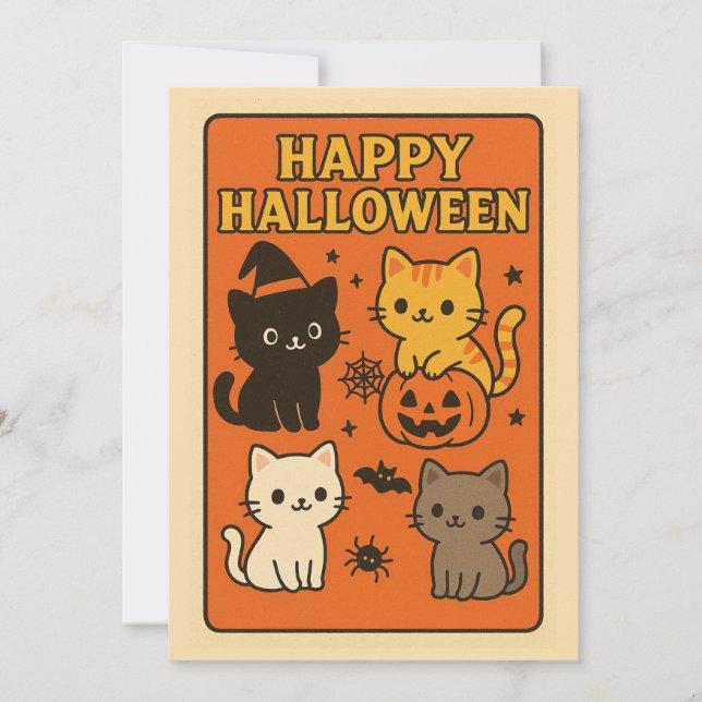 Retro Kawaii Cats Halloween Einladungskarte Einladung (Vorderseite)