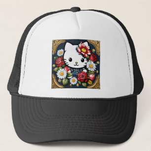 Retro Kawaii Katze in Goldrahmen mit Blume Truckerkappe