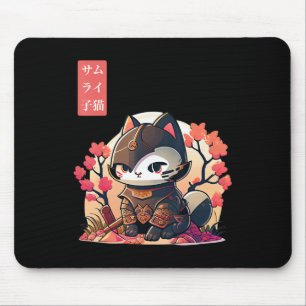 Retro Kawaii Samurai Katze mit Cherry Blossom Tree Mousepad