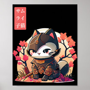 Retro Kawaii Samurai Katze mit Cherry Blossom Tree Poster