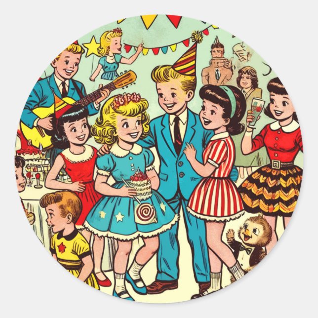 Retro Kids Party Comic Runder Aufkleber (Vorderseite)