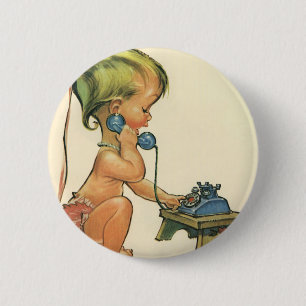Retro Kind Süßes blondes Mädchen spricht auf Spiel Button