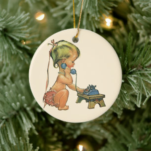 Retro Kind Süßes blondes Mädchen spricht auf Spiel Keramik Ornament