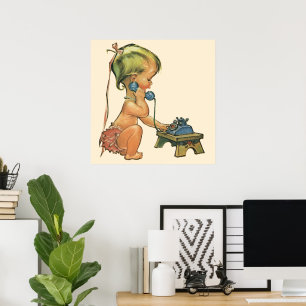 Retro Kind Süßes blondes Mädchen spricht auf Spiel Poster