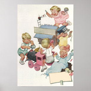Retro-Kinder, die Spaß beim Spielen mit Spielzeugz Poster