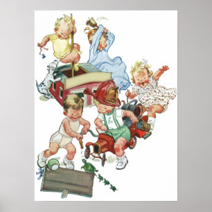 Retro-Kinder Kleinkinder spielen mit Feuerwehrwage Poster