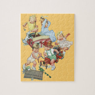 Retro-Kinder spielen mit Feuerwehrwagen Puzzle