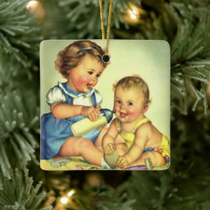 Retro Kinder, süße glückliche Kleinkinder lächeln  Keramikornament