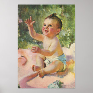 Retro-Kinder, süßes Baby auf einer rosa Decke Poster
