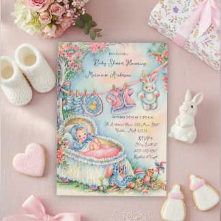 Retro-Kindergarderobe-Willkommens-Babymädchen Einladung