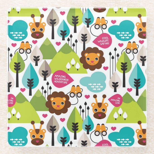 Retro Kindersafari-Löwewild lebende tiere Glasuntersetzer (Vorderseite)
